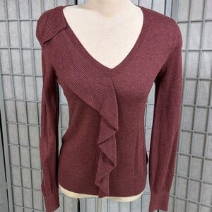 RW&CO. Maroon V-Neck Sweater with Ruffle Detail, Size Small